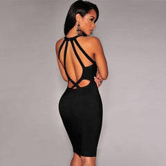 Sexy Hollow Out Bandage Dress Women Blue Black Apricot Backless Halter Dresses Sleeveless
