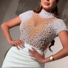 Transparent Tulle with Bead Tops Patchwork Slit Party Dresses