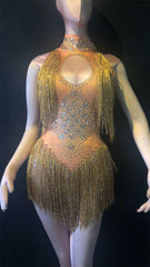 6 Colors Sparkly Rhinestones Tassel Leotard