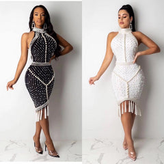 Celebrity White Black Tassel Beading mini dress