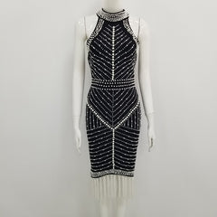 Celebrity White Black Tassel Beading mini dress