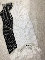 Celebrity White Black Tassel Beading mini dress