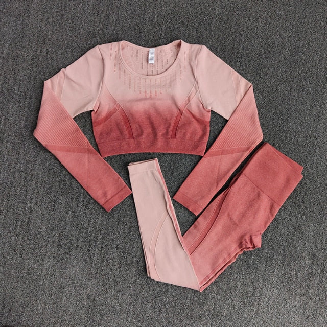 Ombre Women Yoga Set Workout Long Sleeve Crop Top Sports Bra Seamless