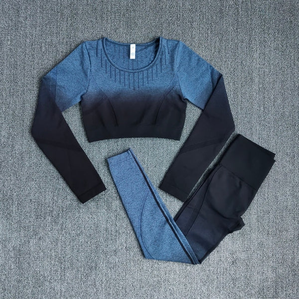Ombre Women Yoga Set Workout Long Sleeve Crop Top Sports Bra Seamless