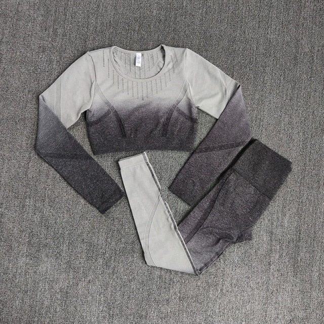 Ombre Women Yoga Set Workout Long Sleeve Crop Top Sports Bra Seamless