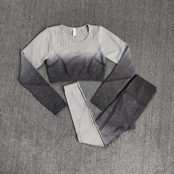 Ombre Women Yoga Set Workout Long Sleeve Crop Top Sports Bra Seamless