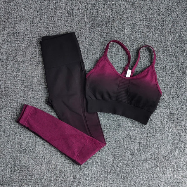 Ombre Women Yoga Set Workout Long Sleeve Crop Top Sports Bra Seamless
