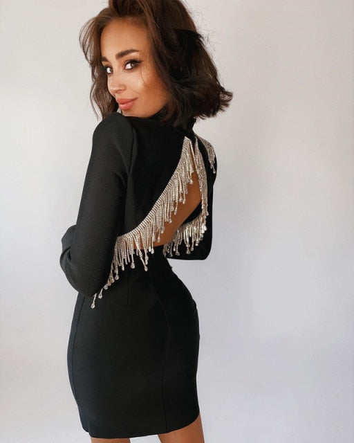 Sparkly Backless Diamonds Tassel Bandage Dress