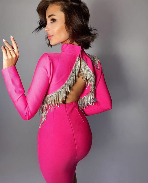 Sparkly Backless Diamonds Tassel Bandage Dress