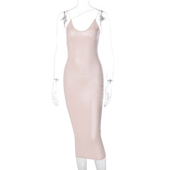Faux Leather Women Slit Midi Dress