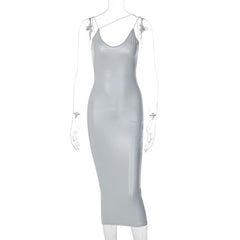 Faux Leather Women Slit Midi Dress
