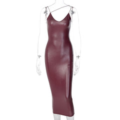 Faux Leather Women Slit Midi Dress