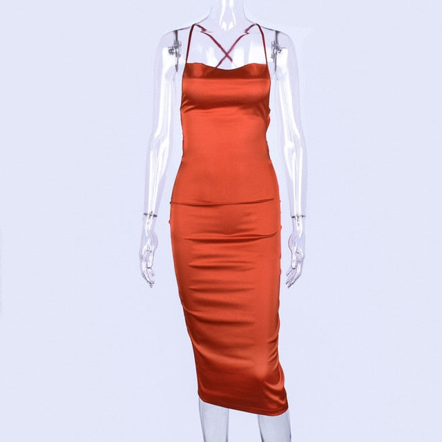 neon satin lace up bodycon midi dress
