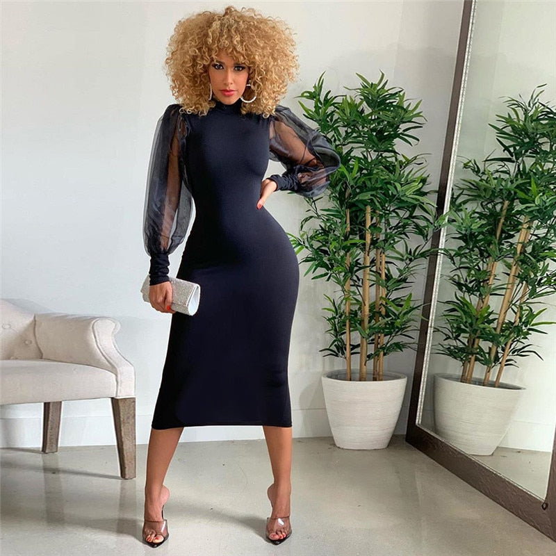 Mesh Puff Sleeve Sexy Bodycon Dress
