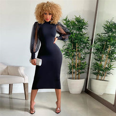 Mesh Puff Sleeve Sexy Bodycon Dress