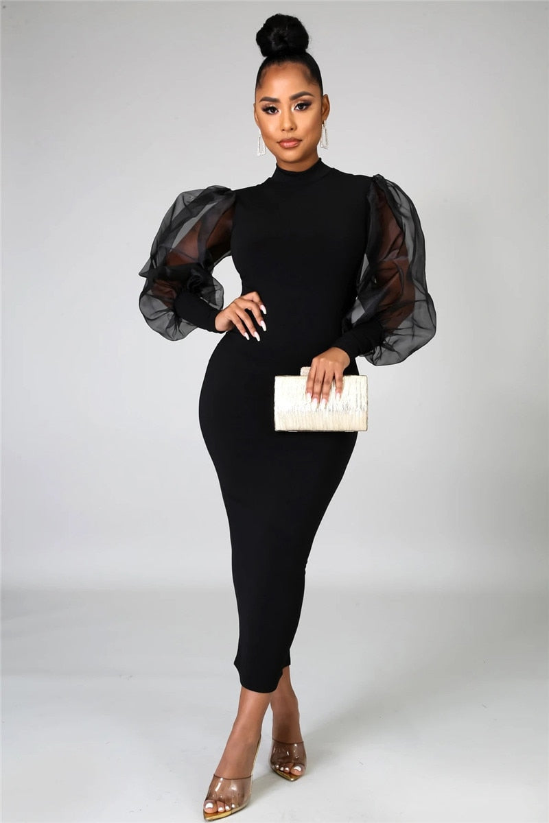 Mesh Puff Sleeve Sexy Bodycon Dress