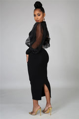 Mesh Puff Sleeve Sexy Bodycon Dress