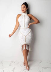 Celebrity White Black Tassel Beading mini dress
