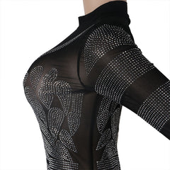 Women See Through Crystal Studded Mini Dress