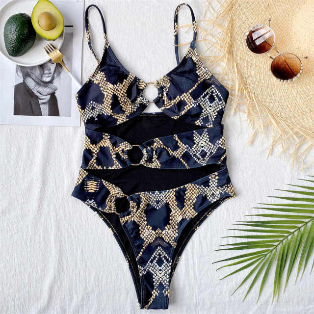 Cut Out One Piece snake pattern Swimsuit Women Swimwear