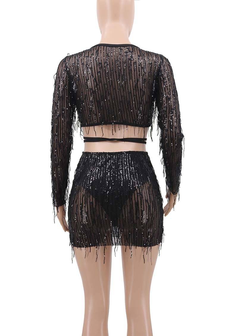 Chic Sequins Bandage Crop Top And High Waist Skirt Set