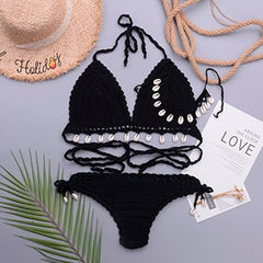 3pcs Bikini Set Woman Crochet Shell Tassel Bikini