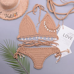 3pcs Bikini Set Woman Crochet Shell Tassel Bikini