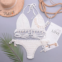 3pcs Bikini Set Woman Crochet Shell Tassel Bikini