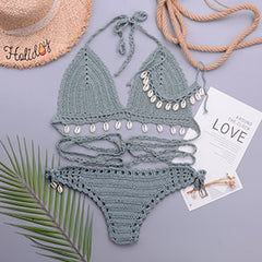 3pcs Bikini Set Woman Crochet Shell Tassel Bikini