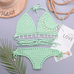 3pcs Bikini Set Woman Crochet Shell Tassel Bikini