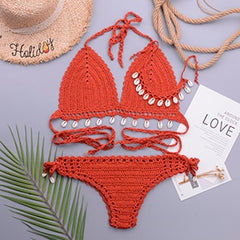 3pcs Bikini Set Woman Crochet Shell Tassel Bikini