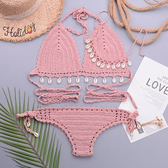 3pcs Bikini Set Woman Crochet Shell Tassel Bikini