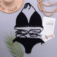 3pcs Bikini Set Woman Crochet Shell Tassel Bikini