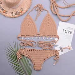 3pcs Bikini Set Woman Crochet Shell Tassel Bikini