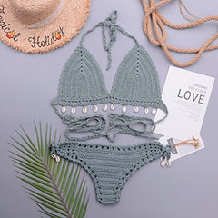 3pcs Bikini Set Woman Crochet Shell Tassel Bikini