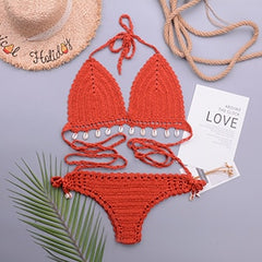 3pcs Bikini Set Woman Crochet Shell Tassel Bikini