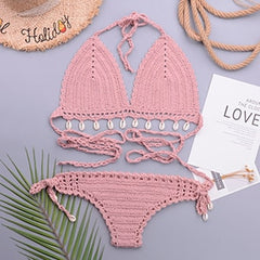 3pcs Bikini Set Woman Crochet Shell Tassel Bikini