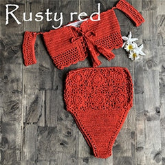 Crochet Knitted Off Shoulder Two Piece Swimsuit