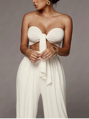 Two Piece Set Women Sleeveless 2 Layer Bandage Crop Top