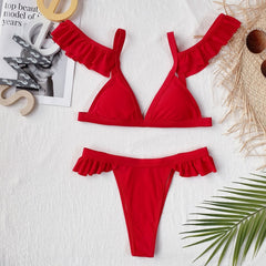 Red Patchwork Cut out Deep V Push up Bikini 2 Piece Set
