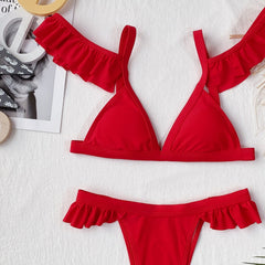 Red Patchwork Cut out Deep V Push up Bikini 2 Piece Set
