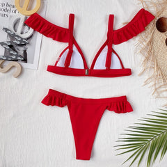 Red Patchwork Cut out Deep V Push up Bikini 2 Piece Set