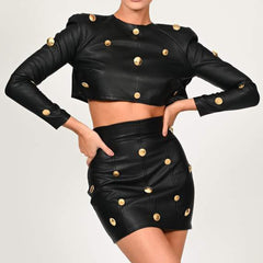 2 Piece Skirt Sets Elegant Long Sleeve Crop Tops Mini Skirts Faux Leather