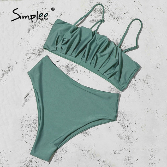 solid fold bikini set High waist