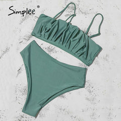 solid fold bikini set High waist