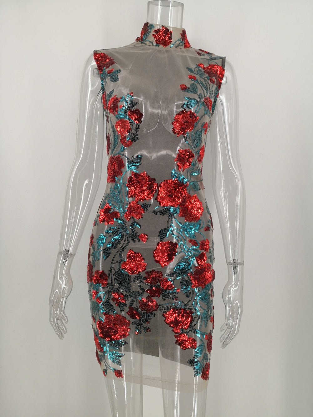 See through Mesh Red Sequin Summer Dress
