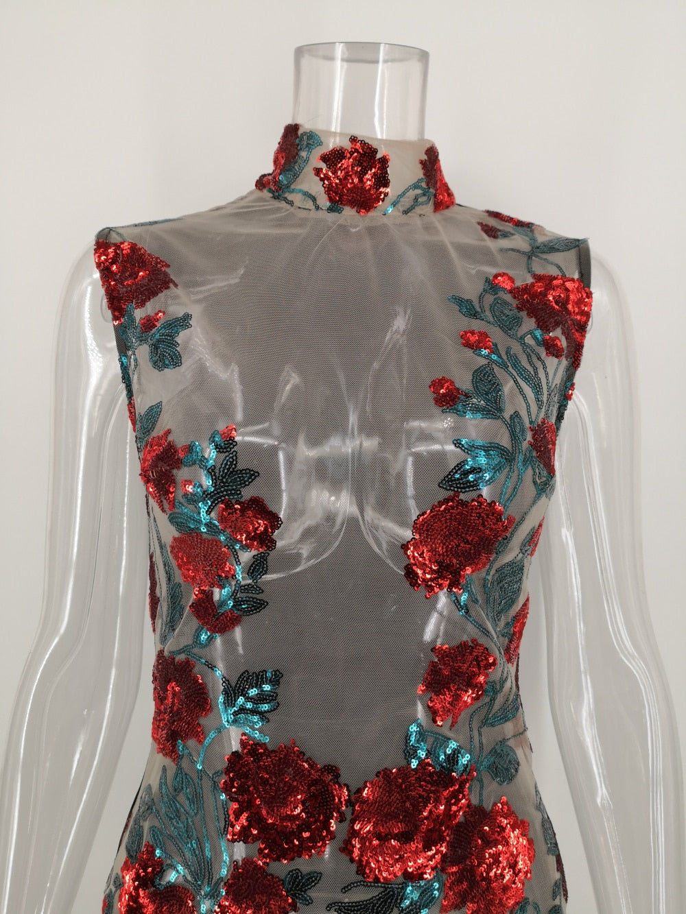 See through Mesh Red Sequin Summer Dress