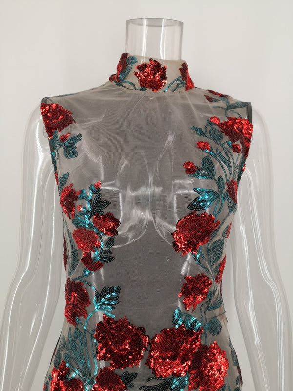 See through Mesh Red Sequin Summer Dress