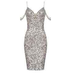 Colorful Sequin Beaded Off Shoulder Design Tight Dress