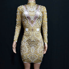 Rhinestones Pearls Long Sleeve Dress